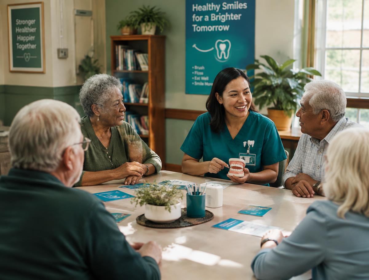 A hygienist sharing oral-health education with older adults at a community table