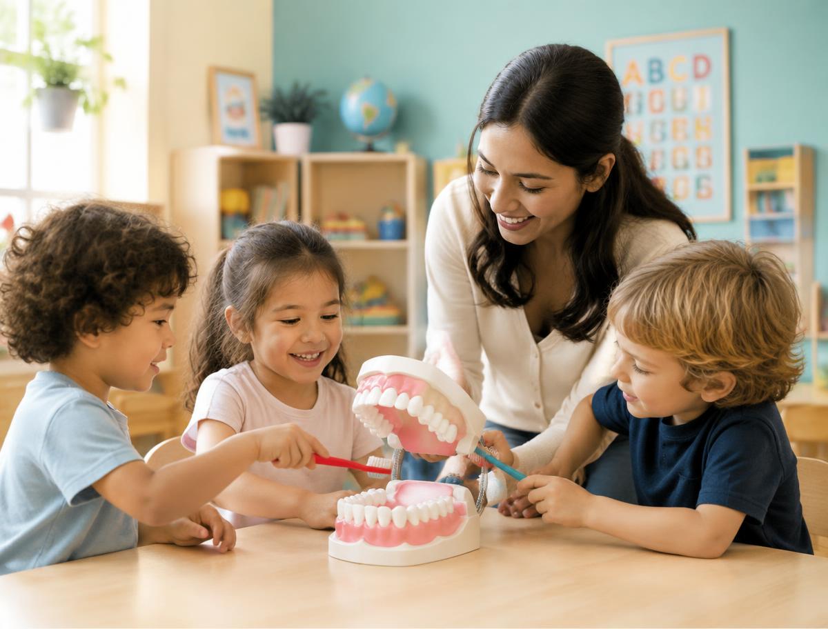 Preschoolers practicing brushing on a large tooth model with their teacher